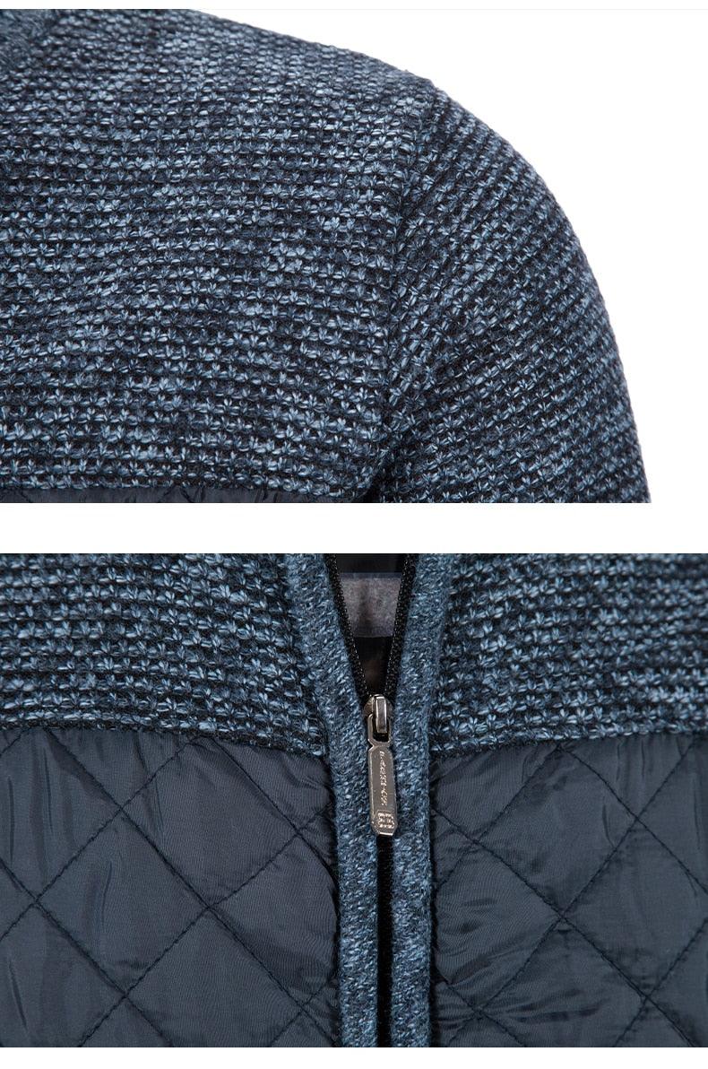 Stevvex men's cardigan jacket with navy blue textured knit upper and quilted lower panel front zip on Tampa Home & Garden Store