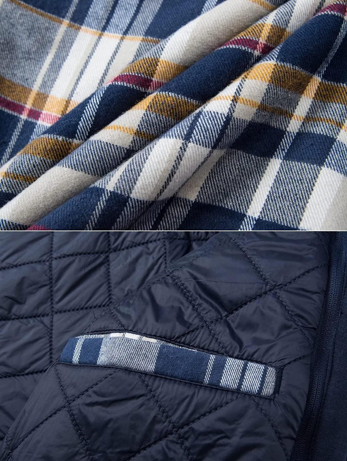 Stevvex men's plaid quilted jacket with navy body and plaid pocket detail on Tampa Home & Garden Store