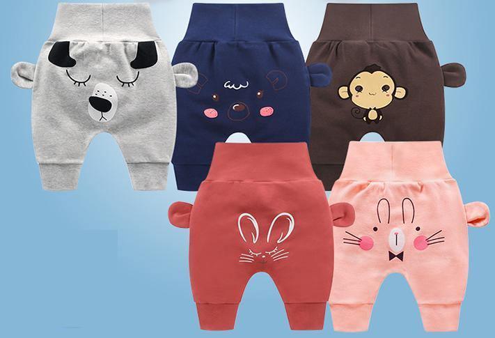 Baby pants set of 5 by Stevvex with cartoon animal prints in grey navy brown red pink on Tampa Home & Garden Store
