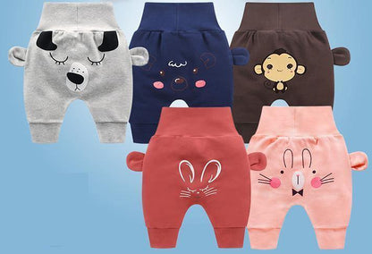 Baby pants set of 5 by Stevvex with cartoon animal prints in grey navy brown red pink on Tampa Home & Garden Store