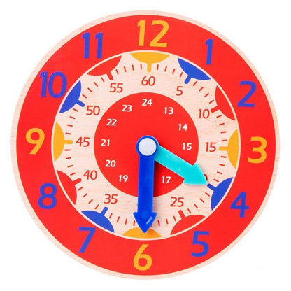 Children Montessori wooden clock toy Stevvex with colorful dial and blue turquoise hands on Tampa Home & Garden Store