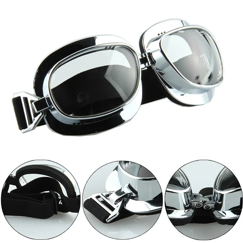 Motorcycle goggles chrome with black strap and mirrored lenses for Harley by BikerZoneZ on Tampa Home & Garden Store