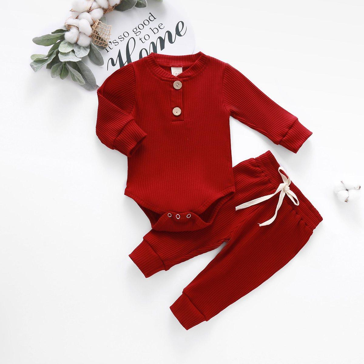 Infant 2pc red ribbed set Stevvex: long sleeve bodysuit with wooden buttons and elastic pants on Tampa Home & Garden Store