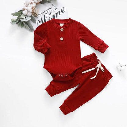 Infant 2pc red ribbed set Stevvex: long sleeve bodysuit with wooden buttons and elastic pants on Tampa Home & Garden Store