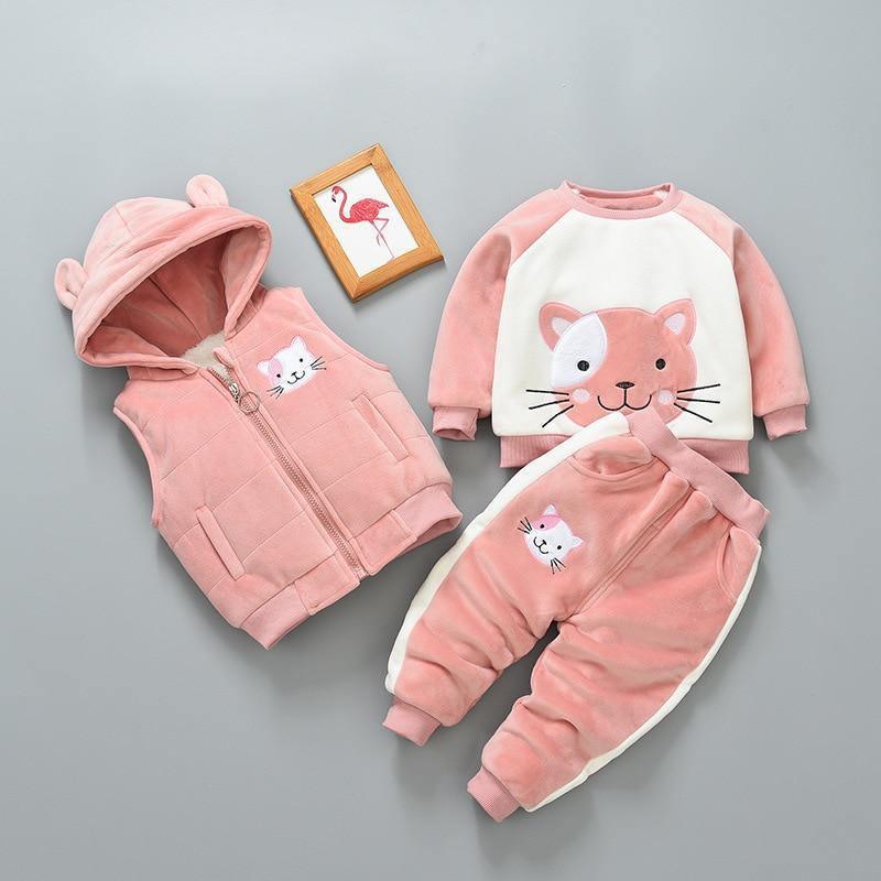 Stevvex baby winter 3-piece bear fox set: pink hooded vest, white/pink sweater, pink pants on Tampa Home & Garden Store