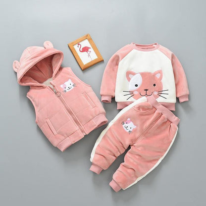 Stevvex baby winter 3-piece bear fox set: pink hooded vest, white/pink sweater, pink pants on Tampa Home & Garden Store