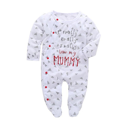 Baby romper long sleeve white jumpsuit with gray triangle pattern and red MUMMY print unisex on Tampa Home & Garden Store