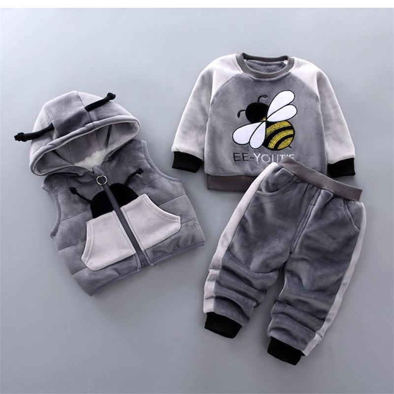 Stevvex baby winter 3-piece outfit: gray hooded vest, bee-graphic sweater, striped jogger pants on Tampa Home & Garden Store