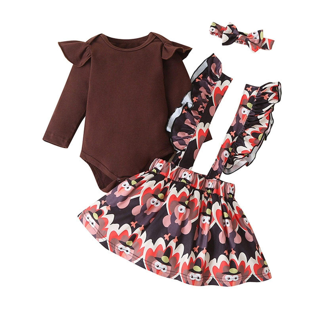 Newborn romper set: brown bodysuit with flutter sleeves and printed suspender dress, 3pc on Tampa Home & Garden Store