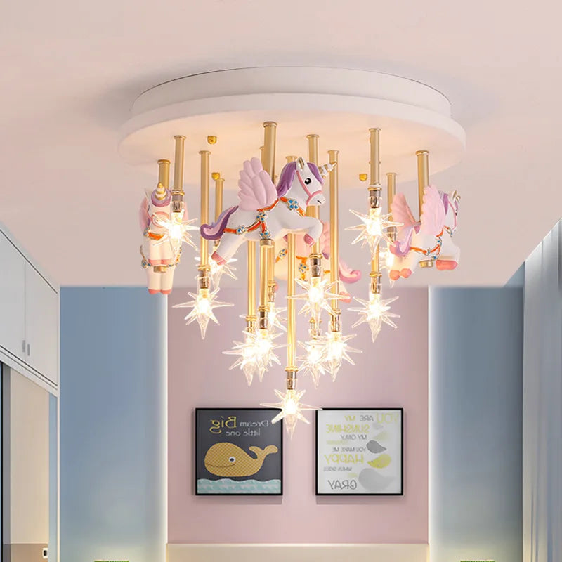 DecorBites Kids Resin Horse Crane Ceiling Light with blue pink LED on gold rods on Tampa Home & Garden Store