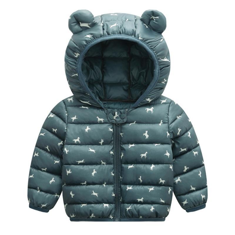 Stevvex baby teal puffer hooded jacket with white animal print and bear-ear hood on Tampa Home & Garden Store