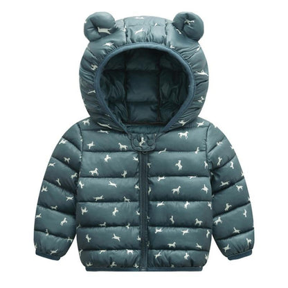 Stevvex baby teal puffer hooded jacket with white animal print and bear-ear hood on Tampa Home & Garden Store