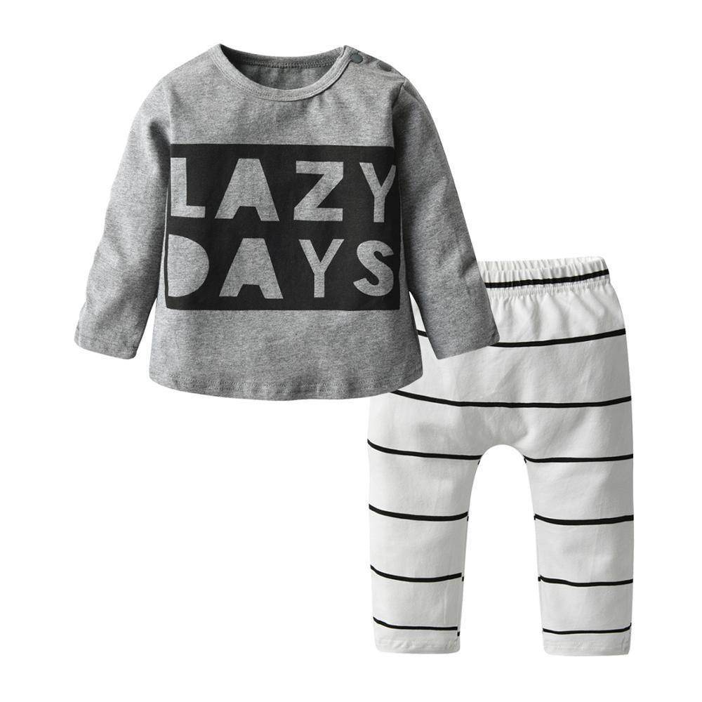 Stevvex newborn 2-piece set grey long-sleeve tee with LAZY DAYS, white striped pants on Tampa Home & Garden Store