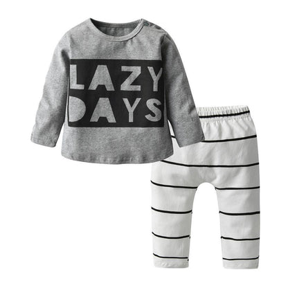 Stevvex newborn 2-piece set grey long-sleeve tee with LAZY DAYS, white striped pants on Tampa Home & Garden Store