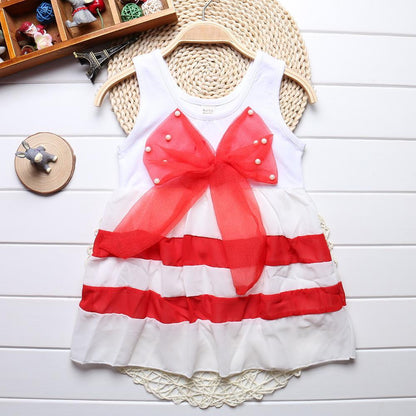 Baby girls' white chiffon dress by Stevvex with red stripes and big bow on Tampa Home & Garden Store