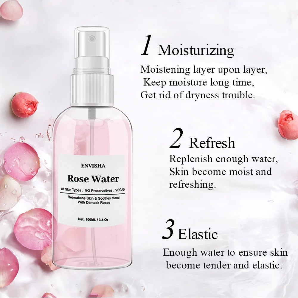 ENVISHA Rose Water facial toner spray bottle by Silcy Skin, pink liquid with rose petals on Tampa Home & Garden Store
