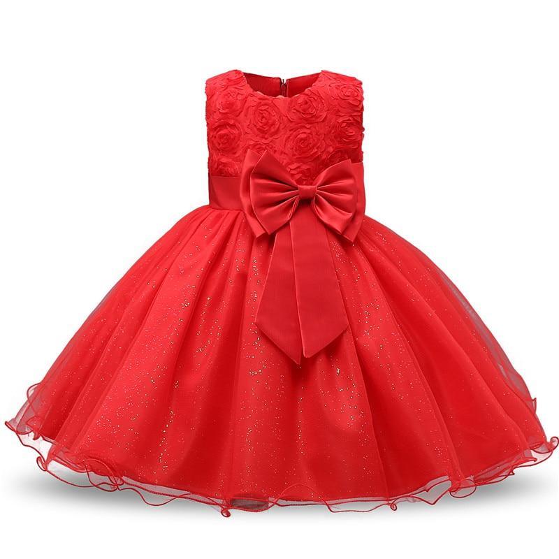 Girls red party dress with 3D rose bodice, wide satin bow at waist, glitter tulle skirt on Tampa Home & Garden Store