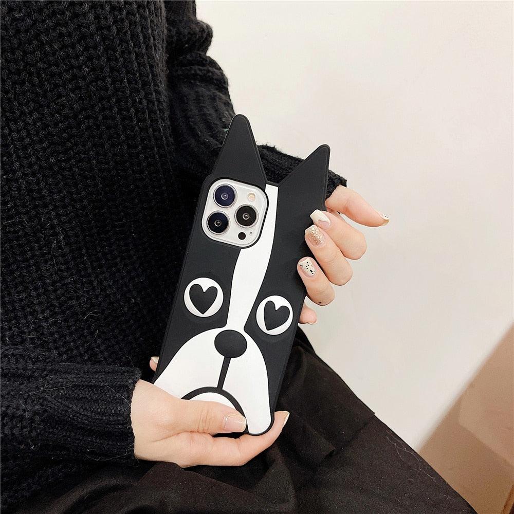 Stevvex 3D dog-ear silicone case for iPhone 13 Pro Max, black with white puppy face on Tampa Home & Garden Store
