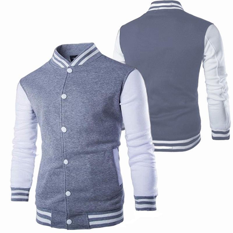 Stevvex varsity jacket men casual slim fit two-tone blue gray with white sleeves striped cuffs on Tampa Home & Garden Store