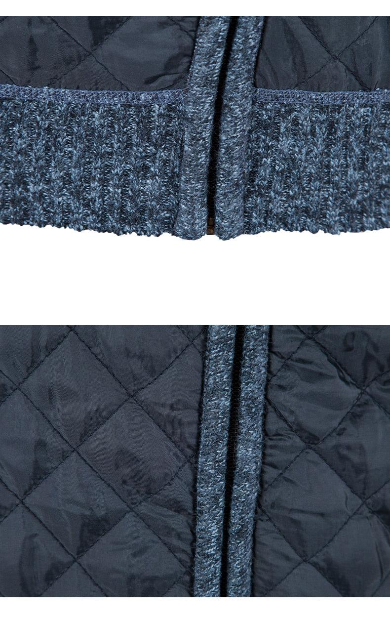 Stevvex men's quilted navy jacket with blue knit ribbed hem on Tampa Home & Garden Store
