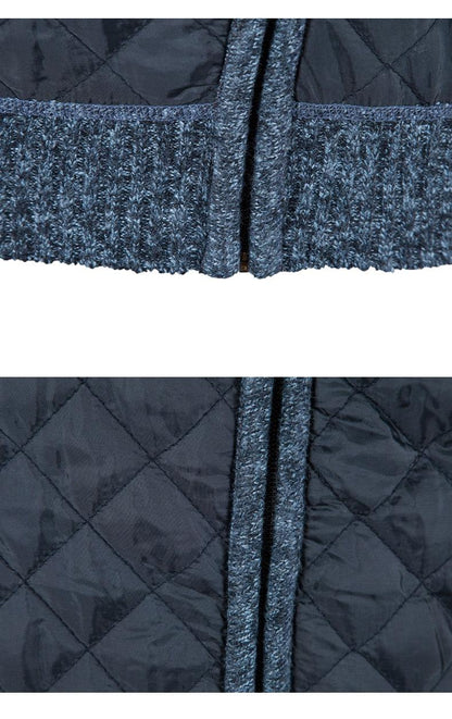 Stevvex men's quilted navy jacket with blue knit ribbed hem on Tampa Home & Garden Store