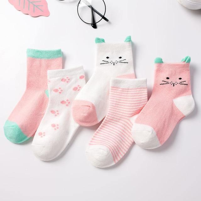 Stevvex baby cotton socks five pairs pastel pink mint white with cat-face paw prints on Tampa Home & Garden Store