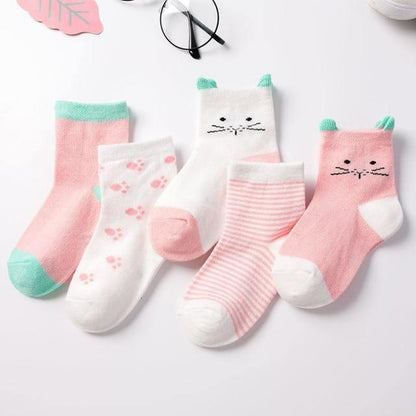 Stevvex baby cotton socks five pairs pastel pink mint white with cat-face paw prints on Tampa Home & Garden Store