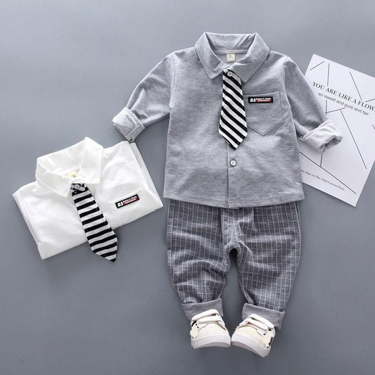 Stevvex newborn boys formal outfit set gray shirt striped tie plaid pants 0-4y on Tampa Home & Garden Store