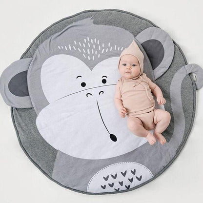 Stevvex round elephant baby play mat, gray cotton, elephant face with ears, baby on mat on Tampa Home & Garden Store