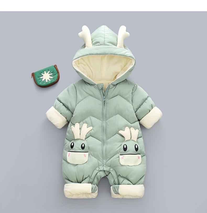 Stevvex baby hooded cotton snowsuit in mint green with deer-face patches and plush cuffs on Tampa Home & Garden Store