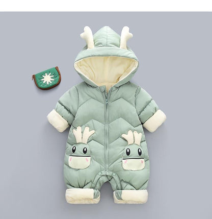 Stevvex baby hooded cotton snowsuit in mint green with deer-face patches and plush cuffs on Tampa Home & Garden Store