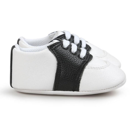 Newborn sneakers Stevvex white PU leather lace-up with black side panel, soft sole on Tampa Home & Garden Store