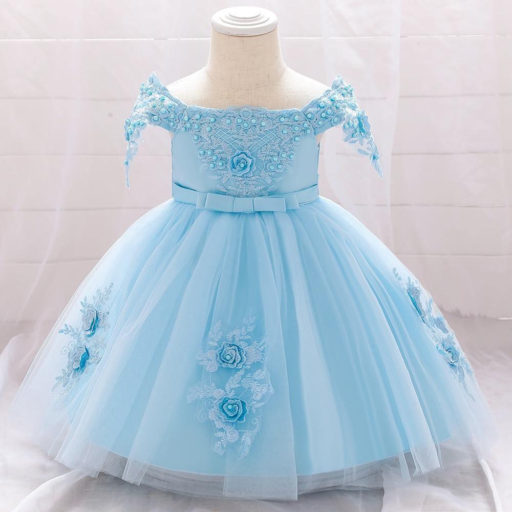 Blue lace tutu dress for baby girl by Stevvex with off-shoulder bodice and appliqués on Tampa Home & Garden Store