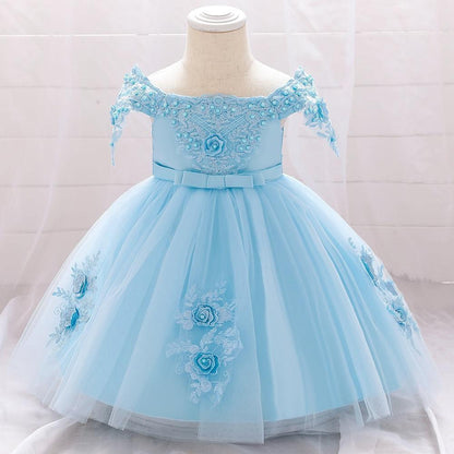 Blue lace tutu dress for baby girl by Stevvex with off-shoulder bodice and appliqués on Tampa Home & Garden Store