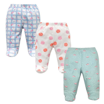Stevvex 3PCS baby pants set, 100% cotton unisex footed pants in blue plaid, white with peach dots, and teal with pink prints on Tampa Home & Garden Store