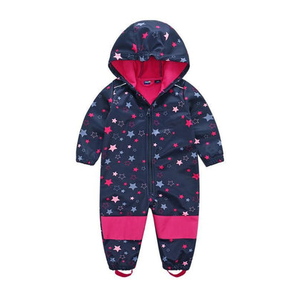 Stevvex kids ski suit navy with pink fleece lining, star pattern, waterproof jumpsuit on Tampa Home & Garden Store