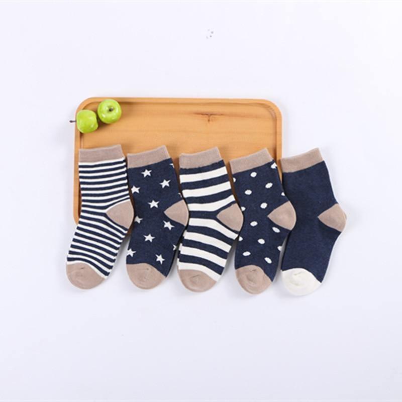 Stevvex baby socks five-pack in navy striped, star, and polka dot patterns with beige toes on Tampa Home & Garden Store