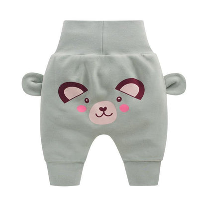 Baby pants with panda face cartoon print, gray fleece fabric, ear pockets on Tampa Home & Garden Store