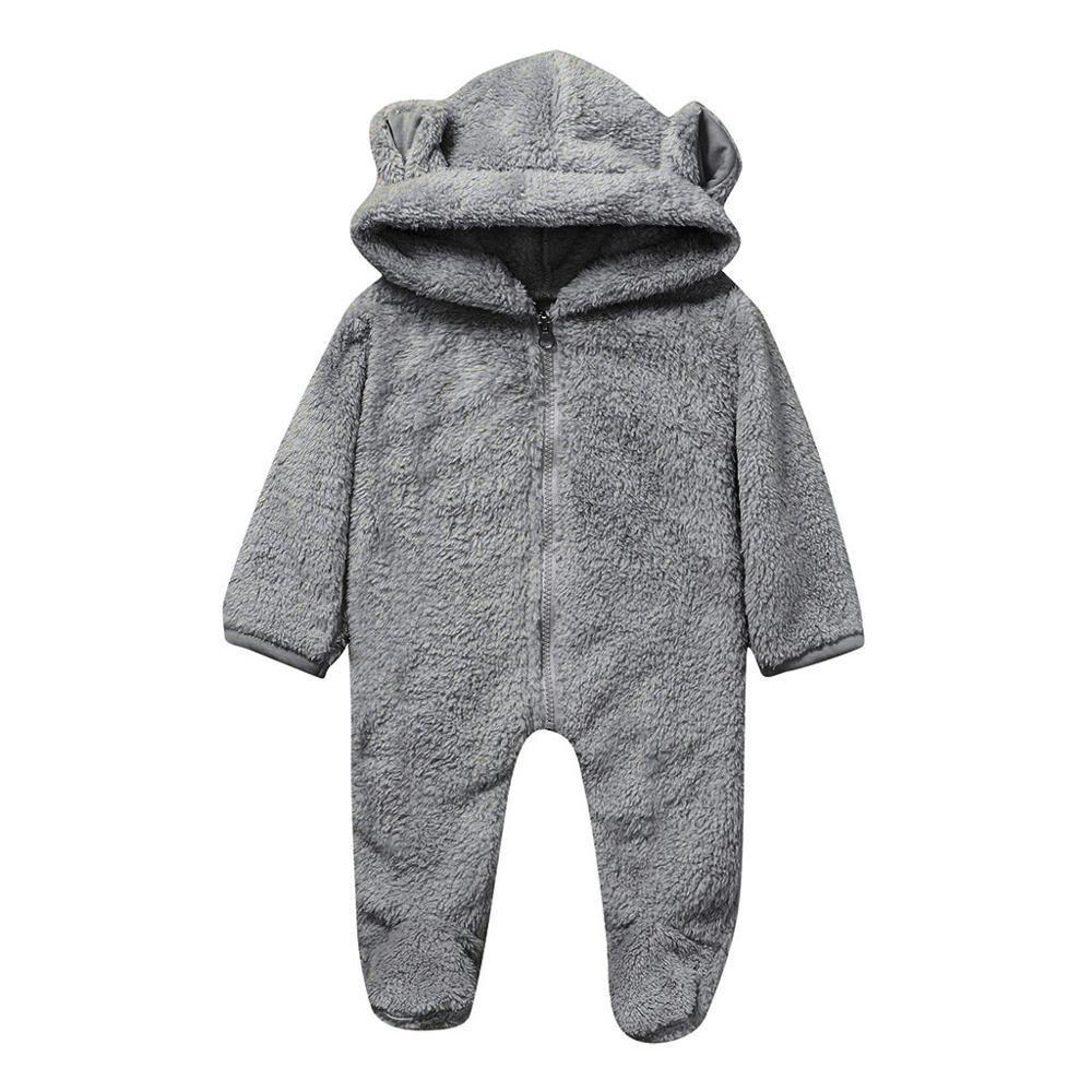 Stevvex gray fleece hooded baby romper with bear ears, full-zip, footed one-piece for newborns on Tampa Home & Garden Store