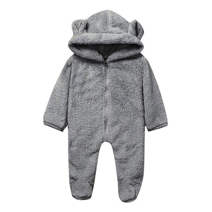 Stevvex gray fleece hooded baby romper with bear ears, full-zip, footed one-piece for newborns on Tampa Home & Garden Store