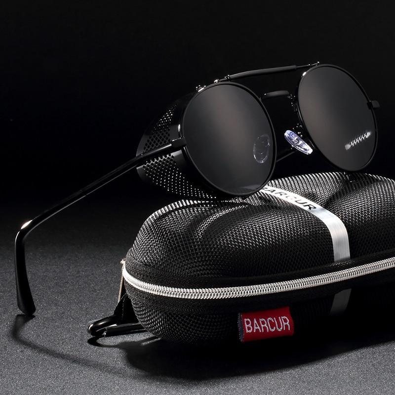 Steampunk round sunglasses with black metal frames and polarized UV400 lenses on BARCUR case on Tampa Home & Garden Store