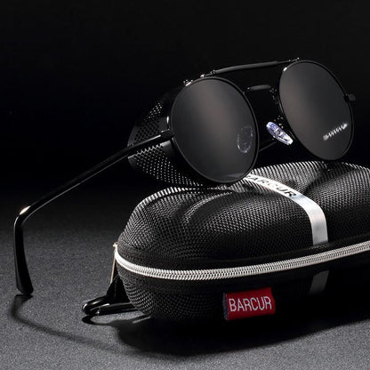 Steampunk round sunglasses with black metal frames and polarized UV400 lenses on BARCUR case on Tampa Home & Garden Store