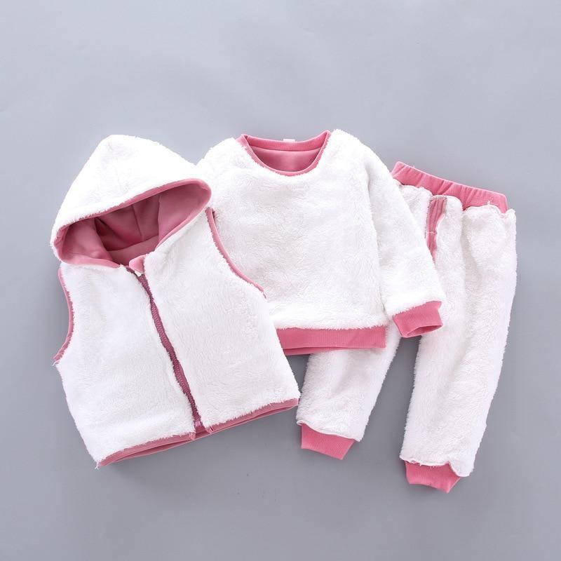 Baby three-piece fuzzy winter outfit white with pink trim hooded vest sweater pants Stevvex on Tampa Home & Garden Store