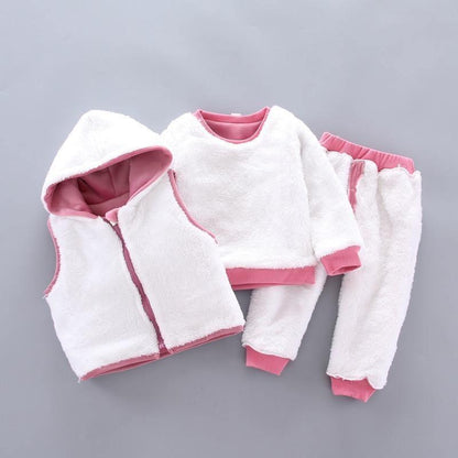 Baby three-piece fuzzy winter outfit white with pink trim hooded vest sweater pants Stevvex on Tampa Home & Garden Store