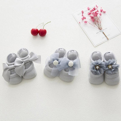 Stevvex baby girl anti-slip cotton floor socks with gray bow lace flowers 3 pairs on Tampa Home & Garden Store