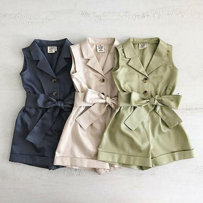 Girls sleeveless rompers by Stevvex with waist belts in navy beige sage green on Tampa Home & Garden Store