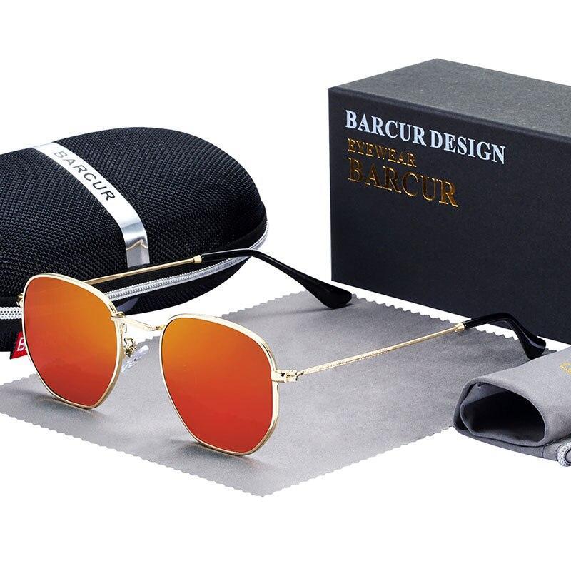 Stevvex luxury retro sunglasses with gold stainless steel frame and orange mirrored UV400 lenses on Tampa Home & Garden Store