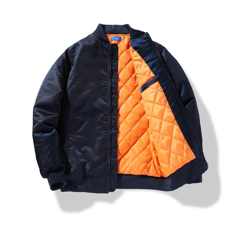 Men's Slim Fit Puffer Jacket navy with orange quilted lining, zip front, pockets, Stevvex on Tampa Home & Garden Store