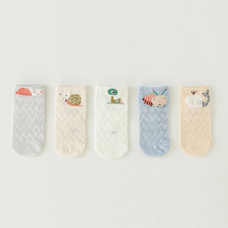 5 Pairs Stevvex thin combed cotton mesh short baby socks with animal designs for newborns on Tampa Home & Garden Store