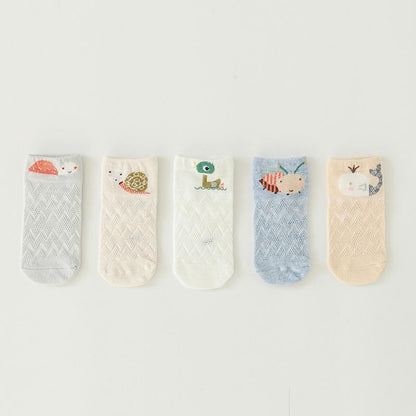 5 Pairs Stevvex thin combed cotton mesh short baby socks with animal designs for newborns on Tampa Home & Garden Store